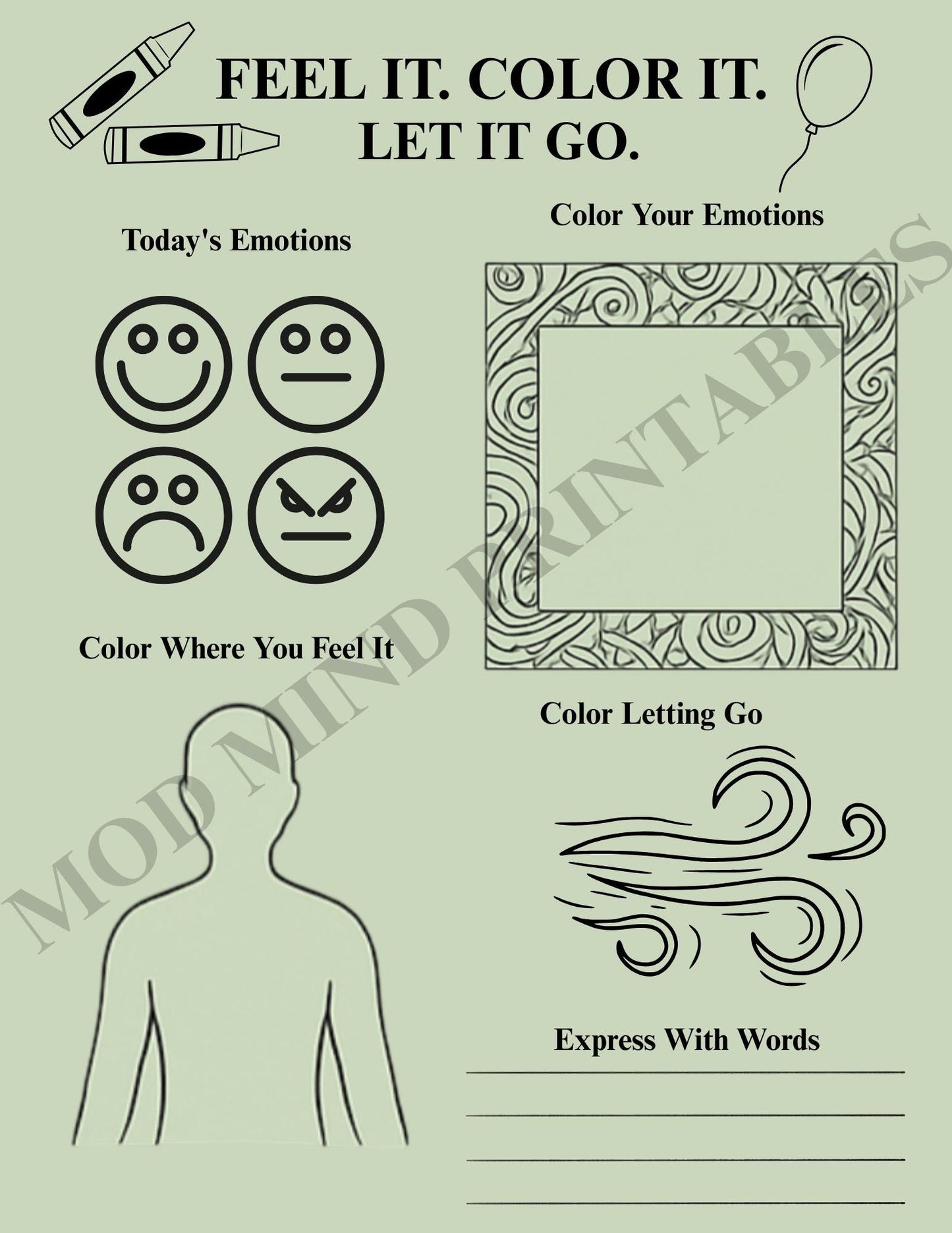 Emotions Worksheet: Art Therapy, Mindfulness Coloring Page (Printable PDF)