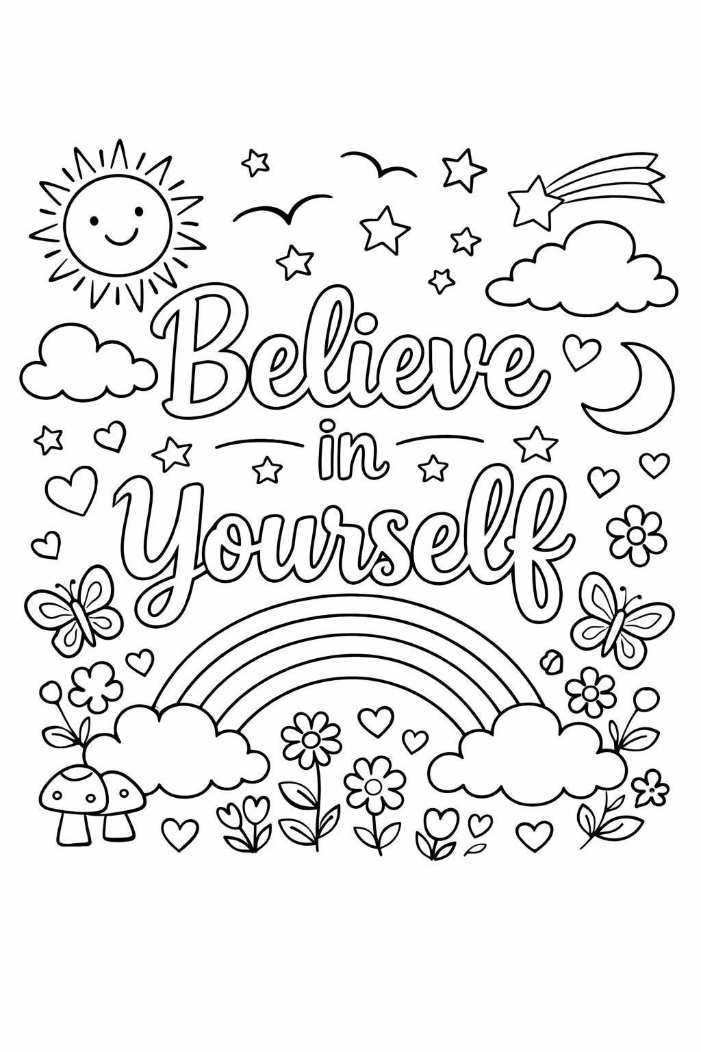 Believe in Yourself Coloring Page Inspirational Quote Art Therapy Positive Affirmation Printable